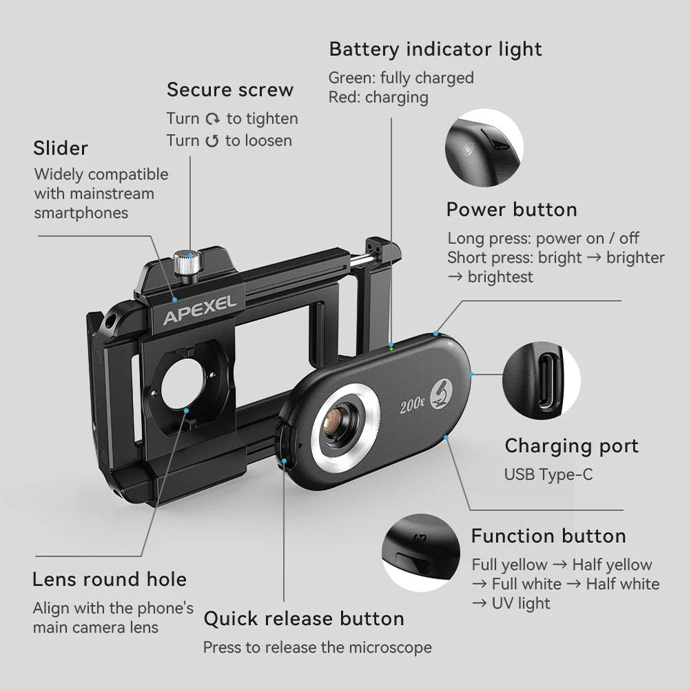 APEXEL APL-MS200 Mobile Phone Holder Clip 200x Magnification Microscope with CPL Filter - 3