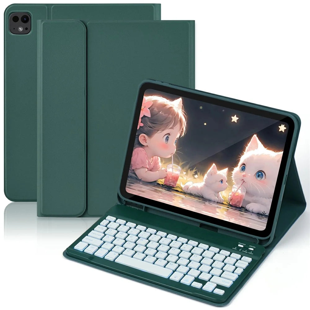 SK-1109D Leather Tablet Case with BT Keyboard For iPad Air 11 (2026) / (2025) / (2024) / Pro 11 (2022) / (2020) / Air (2022) / (2020) / (2018) - Midnight Green - 1