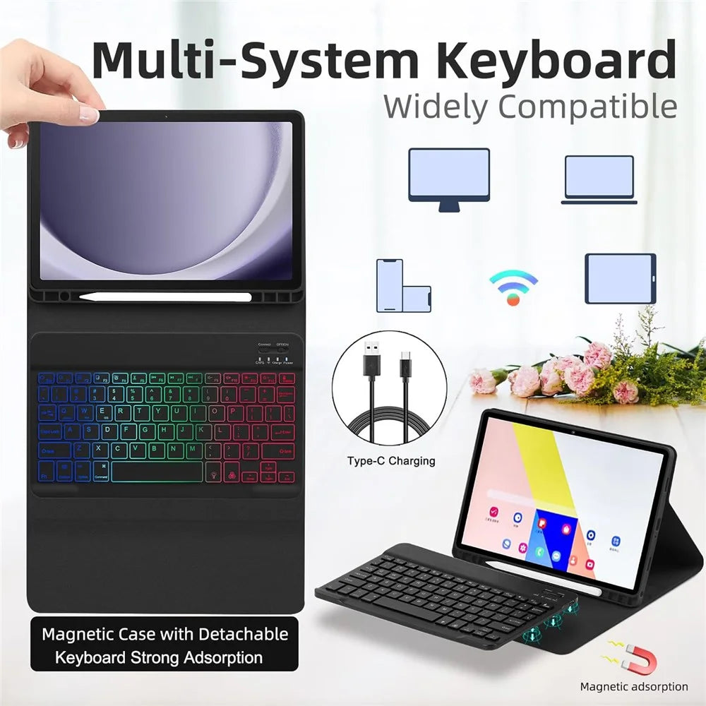 RGB-S11 For Samsung Galaxy Tab S11 Bluetooth-compatible Keyboard PU Leather Stand Case with RGB Backlit - Black - 3