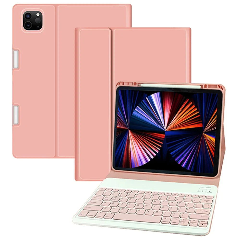 For iPad Pro 12.9 (2021) / (2020) / (2018) Skin Touch PU Leather Cover Shell + Ultra Slim Square Key Cap Design Wireless Bluetooth-compatible Keyboard Set - Pink - 1