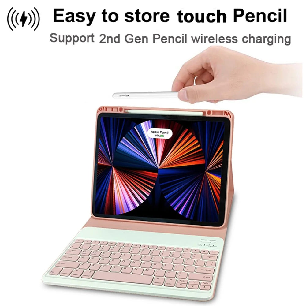 For iPad Pro 12.9 (2021) / (2020) / (2018) Skin Touch PU Leather Cover Shell + Ultra Slim Square Key Cap Design Wireless Bluetooth-compatible Keyboard Set - Pink - 2