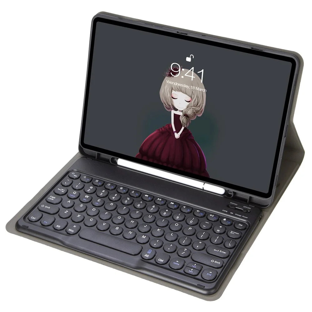 YT07B For iPad Air (2013) / Air 2 / iPad 9.7-inch (2017) / (2018) / iPad Pro 9.7 inch (2016) Protective Case with Round Keys Bluetooth-compatible Keyboard Shockproof Stand Leather Cover with Pen Slot - Black - 1