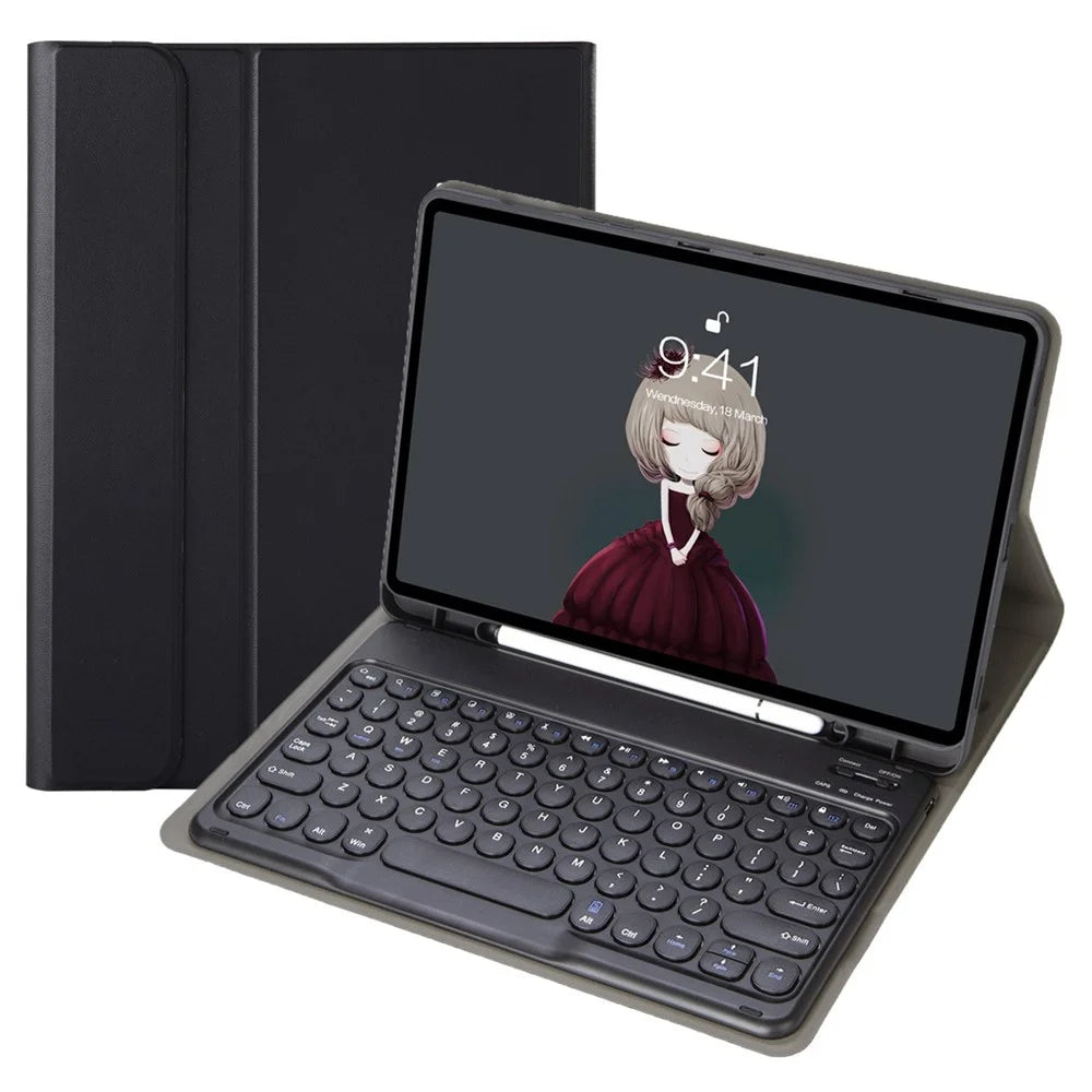 YT07B For iPad Air (2013) / Air 2 / iPad 9.7-inch (2017) / (2018) / iPad Pro 9.7 inch (2016) Protective Case with Round Keys Bluetooth-compatible Keyboard Shockproof Stand Leather Cover with Pen Slot - Black - 3