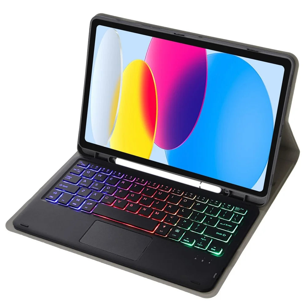 A10B-AS for iPad (2025) / 10.9 (2022) Leather + TPU Tablet Stand Cover + Detachable Backlit Bluetooth-Compatible Keyboard with Touchpad - Black - 2