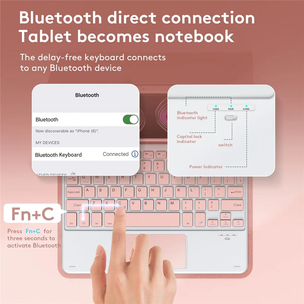 TP-1099 For iPad (2025) / 10.9 (2022) Wireless Keyboard Case with Mouse, PU Leather Folio Flip Cover Bluetooth-Compatible Keyboard Case - Pink - 5