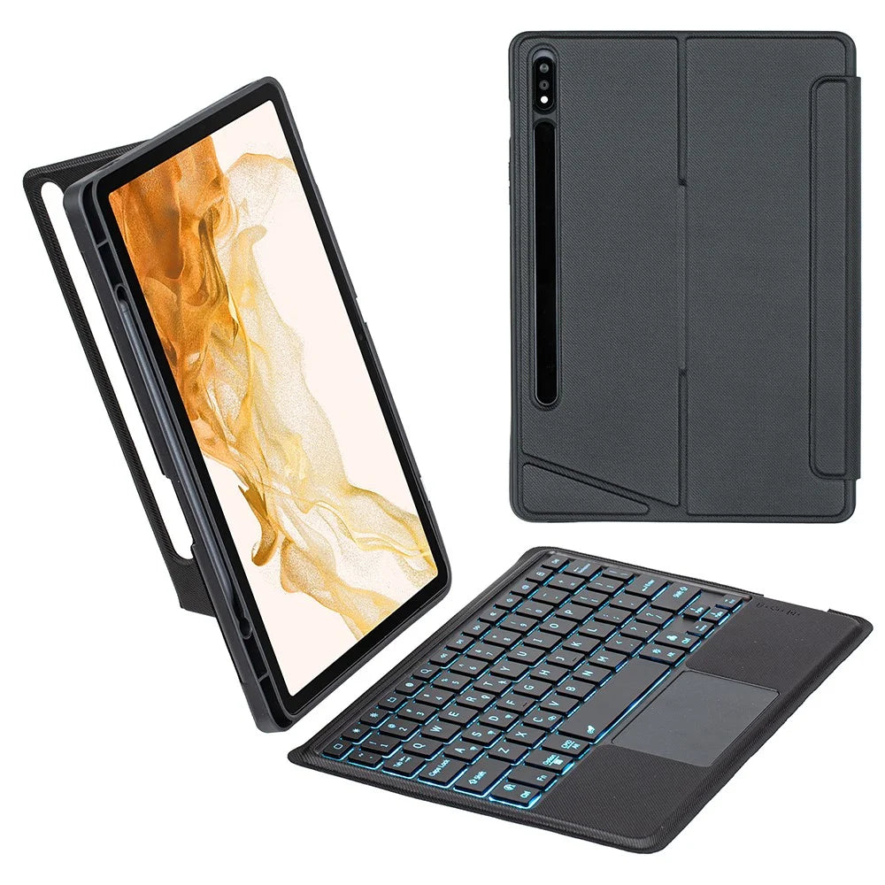 T870B-AS for Samsung Galaxy Tab S7 T870 T875 / S8 X700 X706 2 in 1 Bluetooth-compatible Keyboard Tablet Stand Case with Pen Slot / Touchpad / Backlight - 1