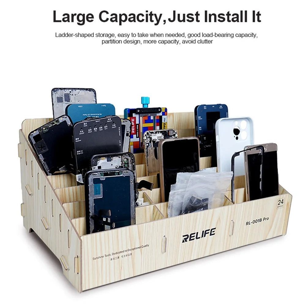 RELIFE RL-001B Pro 24 Grid Phone Management Box / Wooden Storage Organizer / Multi-Compartment Device Holder - 3