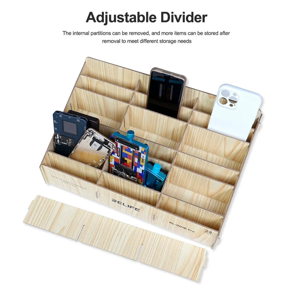 RELIFE RL-001B Pro 24 Grid Phone Management Box / Wooden Storage Organizer / Multi-Compartment Device Holder - 5
