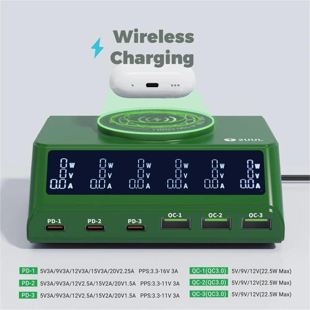 2UUL PC11 110W Multi-Port PD + QC Desktop Charging Station Wireless Pad LCD Display for Phones / Tablets / Laptops - EU Plug - 6