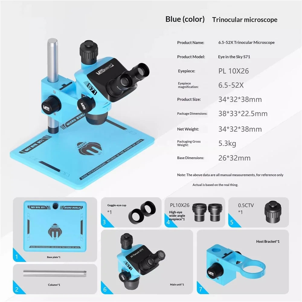 MAANT SkyEye S71 Trinocular Microscope 6.5-52X Continuous Zoom High Definition For PCB Repair / Phone Maintenance - Blue - 2