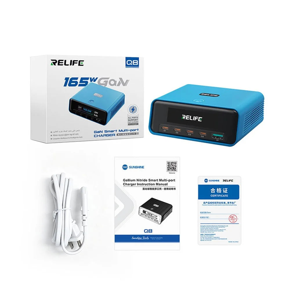 RELIFE Q8 165W GaN Charger 5-Port USB-C PD 140W Multi Device Fast Charging Station for Laptop Phone - Blue - 7