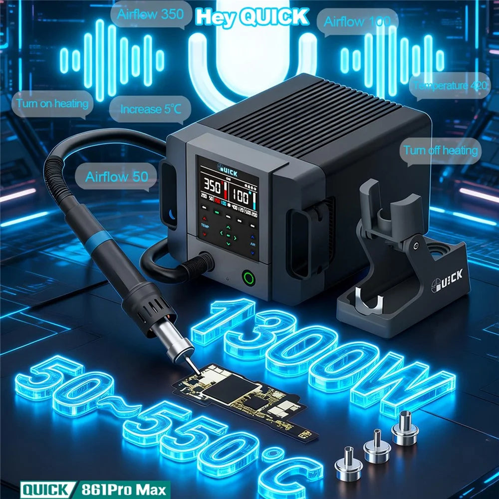 QUICK 861 Pro Max Lead-Free Hot Air Rework Station 1300W PID Temperature Control HD Display Soldering Station for PCB Soldering Desoldering - EU Plug - 3