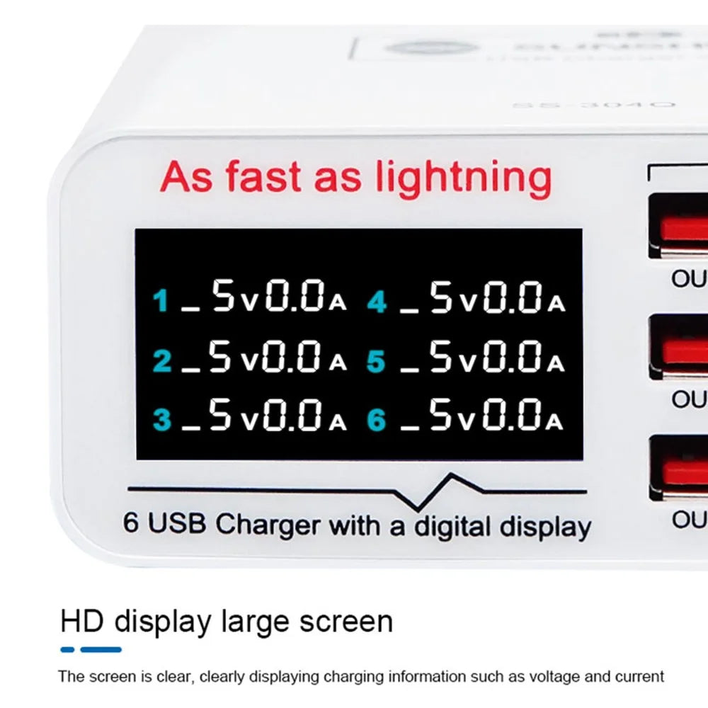 SUNSHINE SSS-304Q 6-Port LCD USB Charger Fast Charging Support Intelligence QC 3.0 - 6