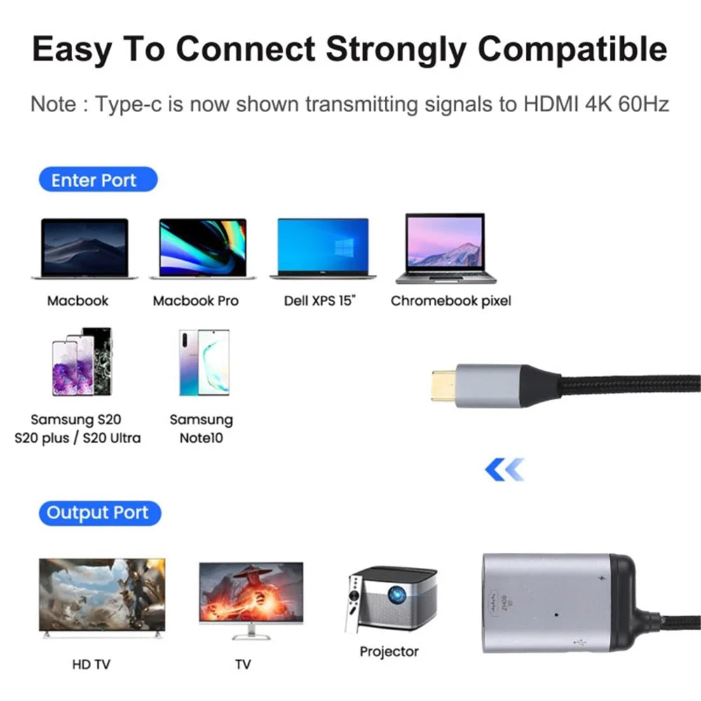 4K 60Hz Type-C to PD Data Transfer Adapter Cable Male to Female Converter for MacBook Samsung Huawei - 5