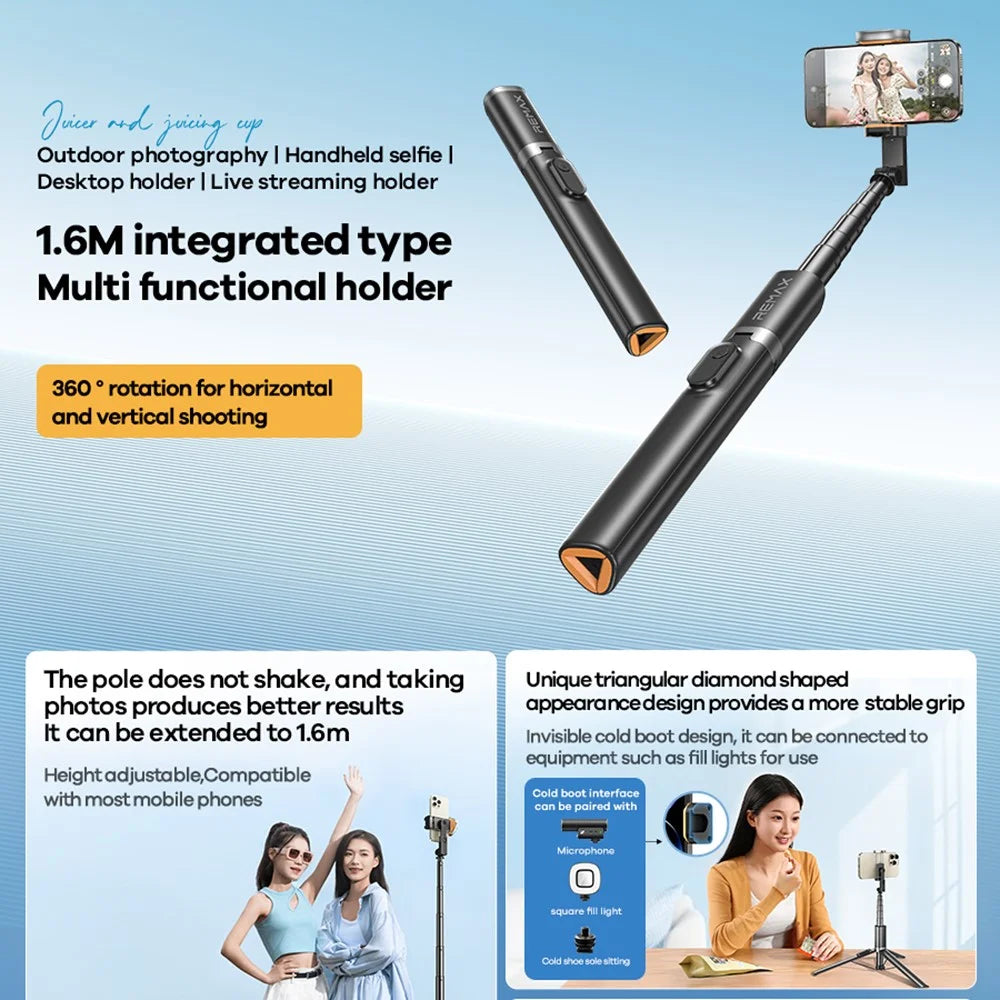 REMAX P70 1.6cm Extendable Selfie Stick Multifunction Live Streaming Tripod Stand with Detachable Remote - Black - 2