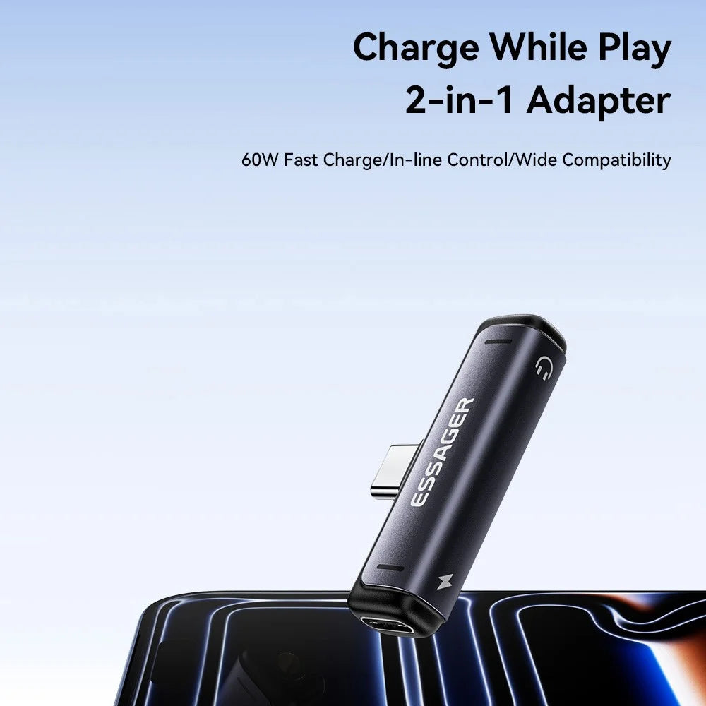 ESSAGER Type-C to Type-C Audio Charging Adapter 2 in 1 60W PD Fast Charging Converter for Phone Tablet - 4