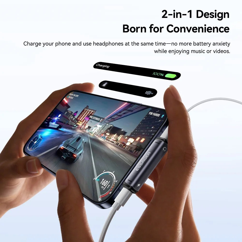 ESSAGER Type-C to Type-C Audio Charging Adapter 2 in 1 60W PD Fast Charging Converter for Phone Tablet - 5