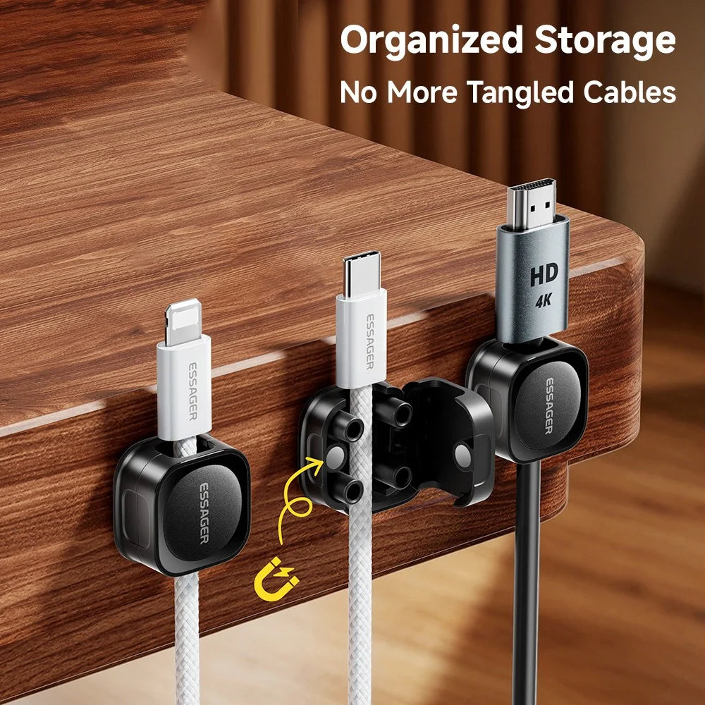 ESSAGER ES-ZL01 Magnetic Cable Organizer Desk Cord Holder with Strong Adhesive Backing 4 Rollers Wire Management Clip Keeper - Black - 5
