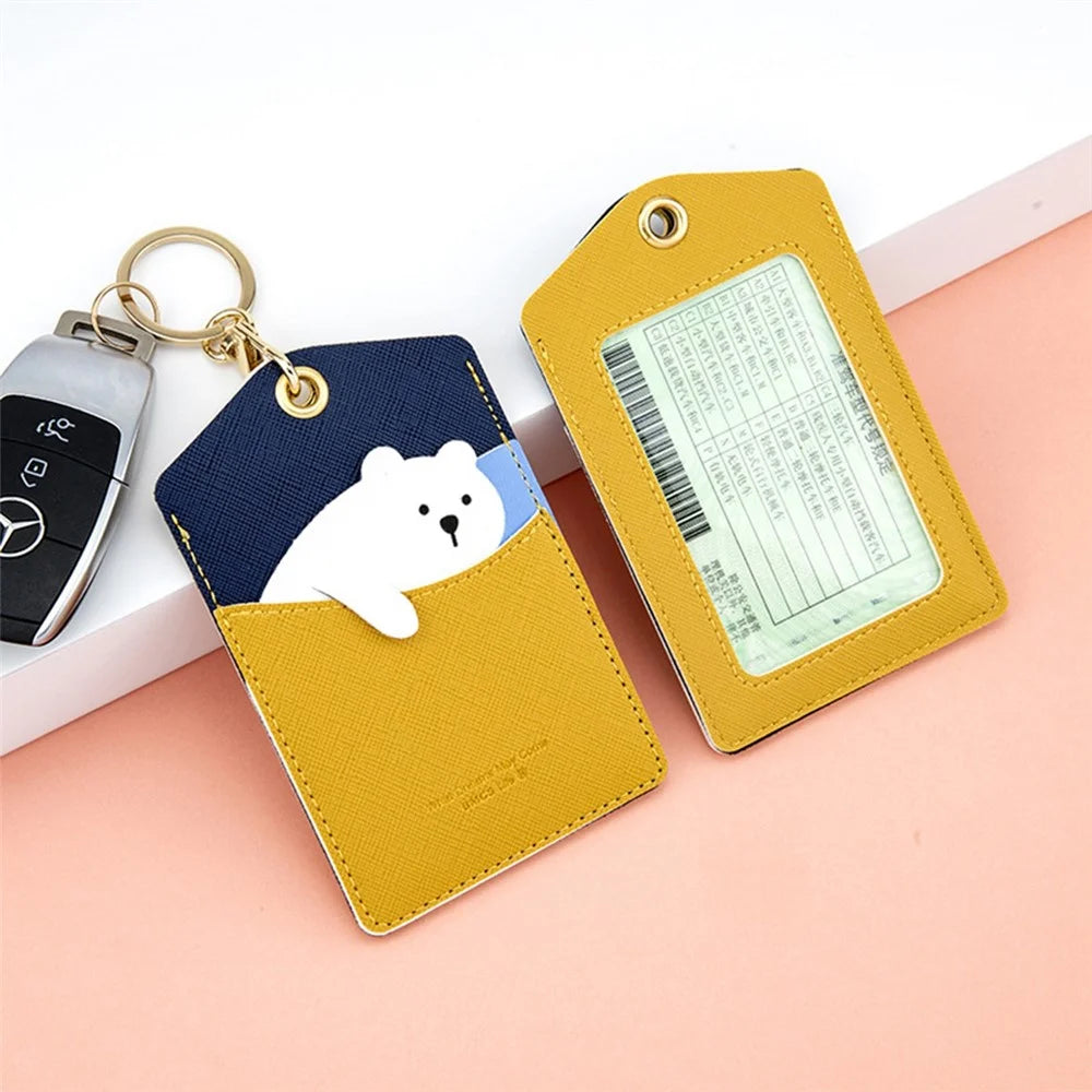 Cute Cartoon Animal ID Badge Holder with Key Ring PU Leather Card Holder Case - Bear - 4