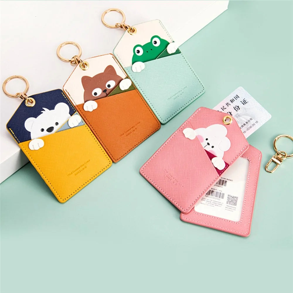 Cute Cartoon Animal ID Badge Holder with Key Ring PU Leather Card Holder Case - Bear - 7