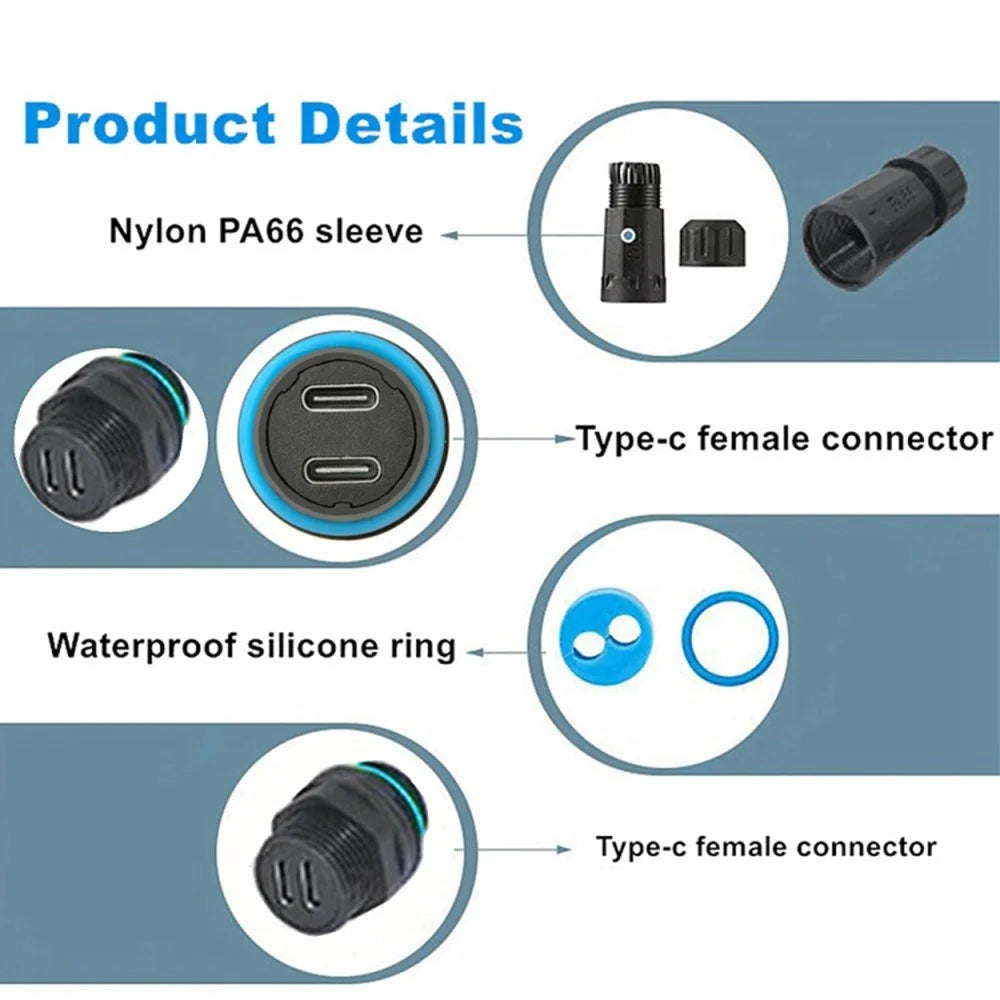 10Gbps IP68 Waterproof Dual Type-C Female to Female Adapter with Protective Cap - 4