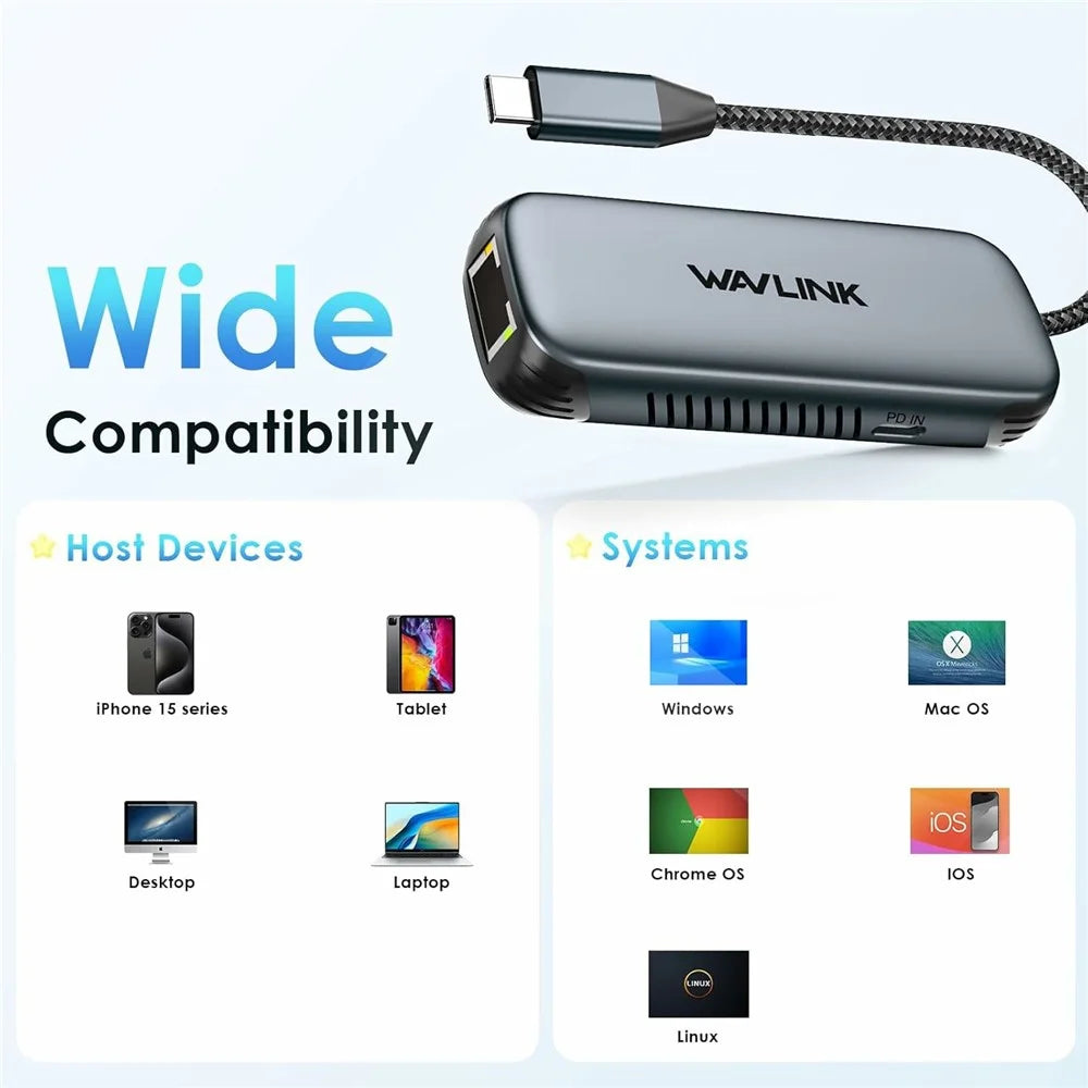 WAVLINK NWU330GD USB-C to RJ45 Ethernet Adapter 2.5Gbps Network Aluminum Converter Support 95W PD Output - 7