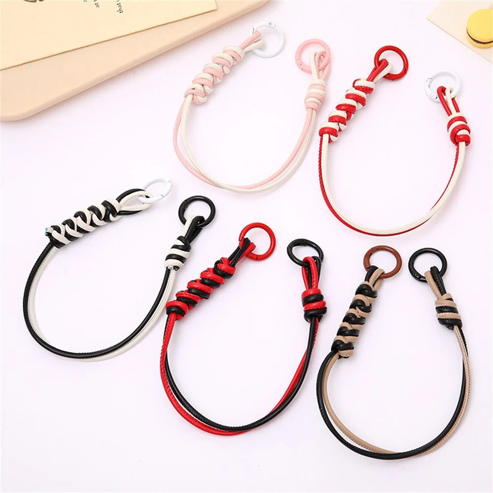 Vibrant Colored PU Leather Phone Case Lanyard with Keychain, Anti-Loss Cell Phone Strap - Pink / White - 3