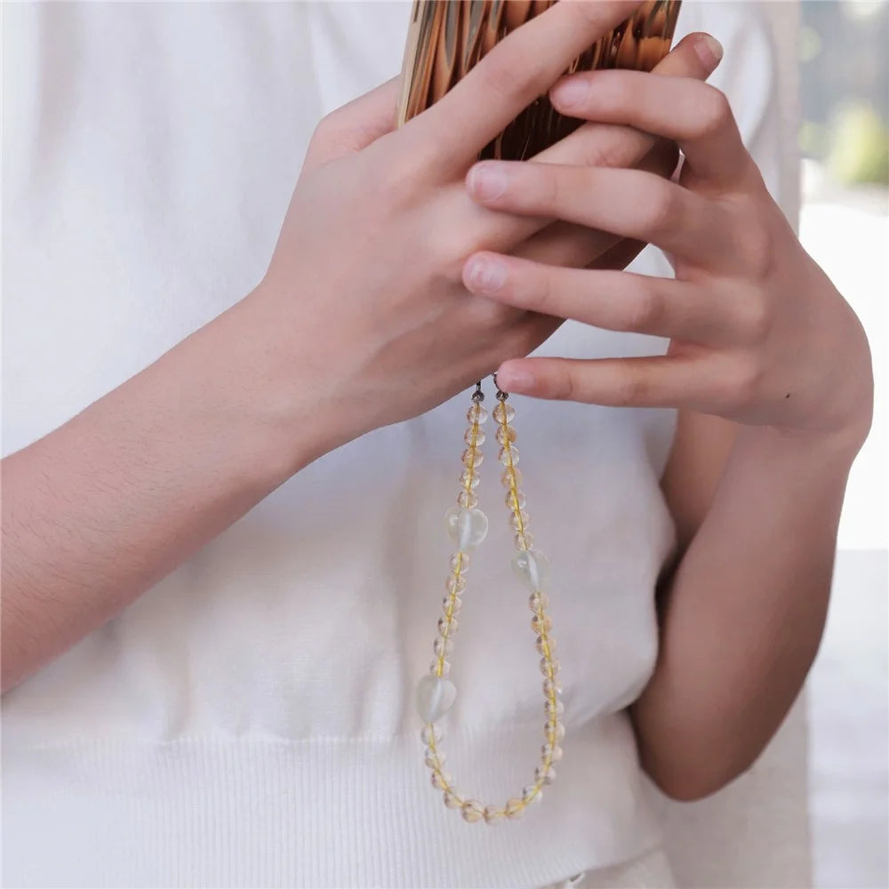 YISIXICI SJL0006 Phone Charms Citrine Hand Strap 7mm Round Bead Heart Design Hanging Lanyard - 4