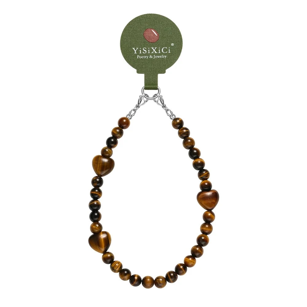 YISIXICI SJL0015 Tiger Eye Stone Charm Bracelet Heart Design 8mm Round Bead Phone Wrist Lanyard - 1