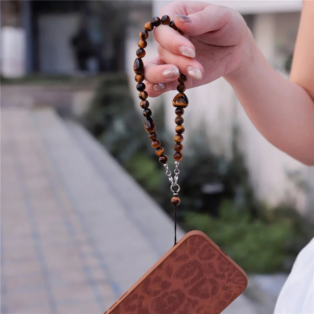 YISIXICI SJL0015 Tiger Eye Stone Charm Bracelet Heart Design 8mm Round Bead Phone Wrist Lanyard - 5