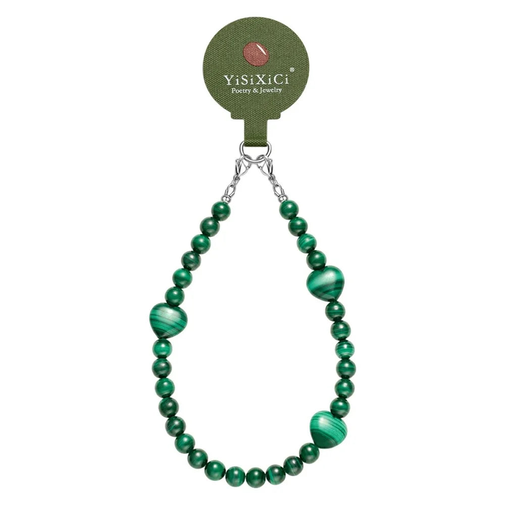 YISIXICI SJL0022 Malachite Charm Bracelet Heart Design 8mm Round Bead Phone Wrist Lanyard - 1
