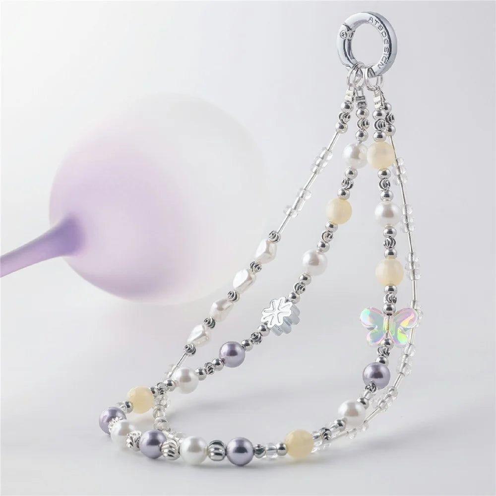 YUNSE SAB011 Double Layer Phone Chain Elegant Purple Crystal Pearl Lanyard 30-34cm Stylish Accessory - 2