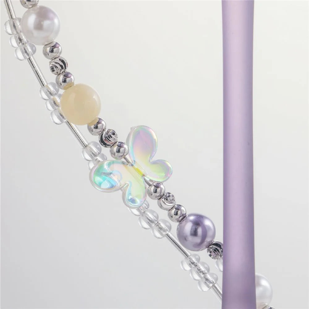 YUNSE SAB011 Double Layer Phone Chain Elegant Purple Crystal Pearl Lanyard 30-34cm Stylish Accessory - 3
