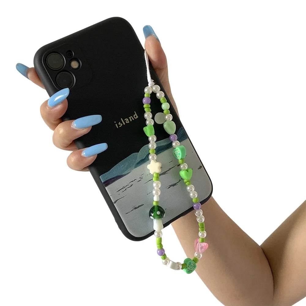 20cm Phone Lanyard Mushroom Pearl Tassel Design Acrylic Beaded Strap Wrist Chain Mobile Accessory - 0034 - 1