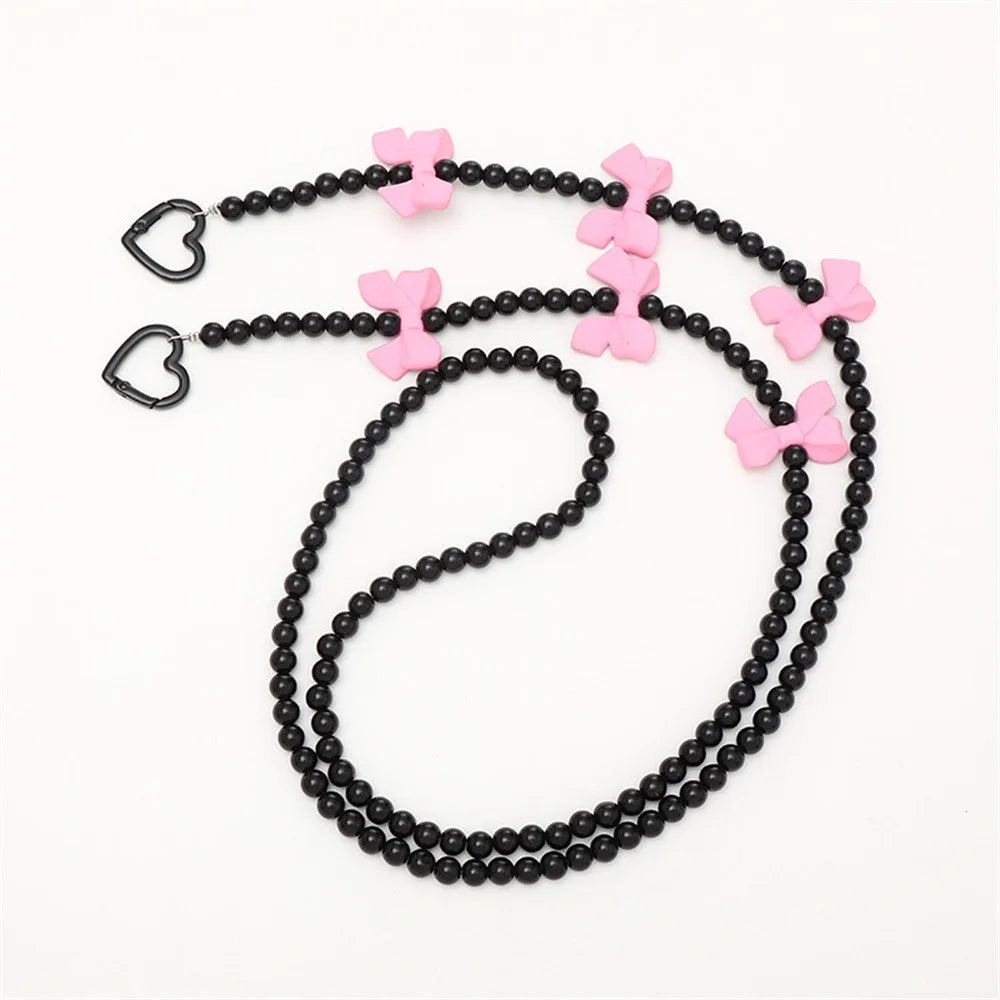 120cm Beaded Crossbody Chain with Cute Bowknot Charm Phone Lanyard Strap for Women - K621 / Black Beads - 2
