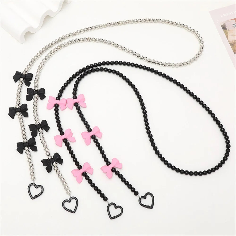 120cm Beaded Crossbody Chain with Cute Bowknot Charm Phone Lanyard Strap for Women - K621 / Black Beads - 3