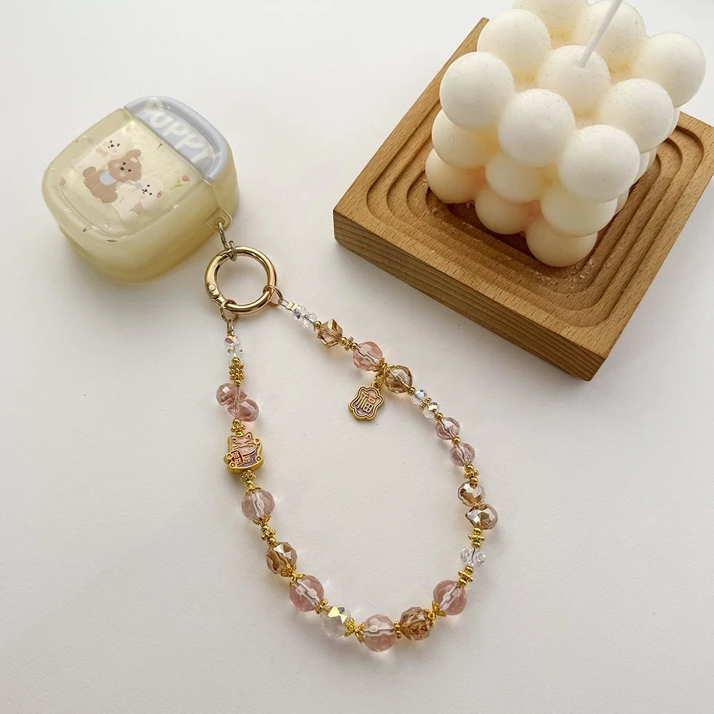 A1120 30cm Lucky Cat Design Phone Lanyard with Removable Blank White Card Beaded Chain Pearl Bead Phone Charm Wrist Strap - Pink - 2