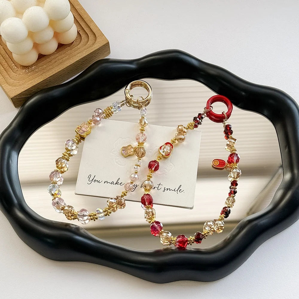 A1120 30cm Lucky Cat Design Phone Lanyard with Removable Blank White Card Beaded Chain Pearl Bead Phone Charm Wrist Strap - Pink - 5