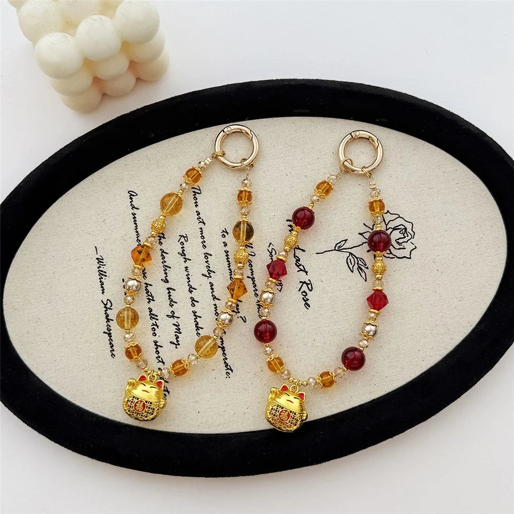 A1162 30cm Phone Charm Wrist Strap Lucky Cat Beaded Keychain Crystal Glass Metal Beads Lanyard with Removable Blank White Card - Gold - 5