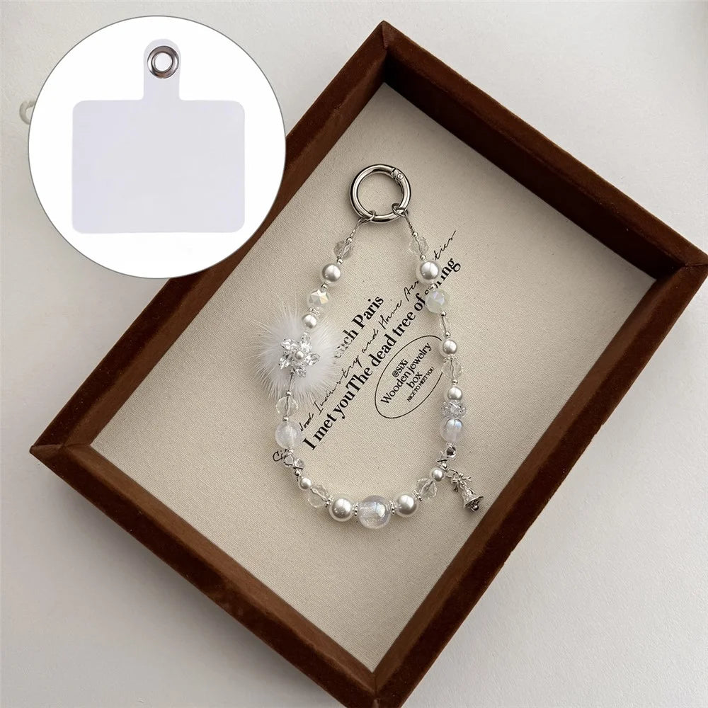 A1172 30cm Phone Strap Mink Fur Five Petal Flower Faux Pearl Crystal Keychain Charm Lanyard with Removable Blank White Card - White - 1