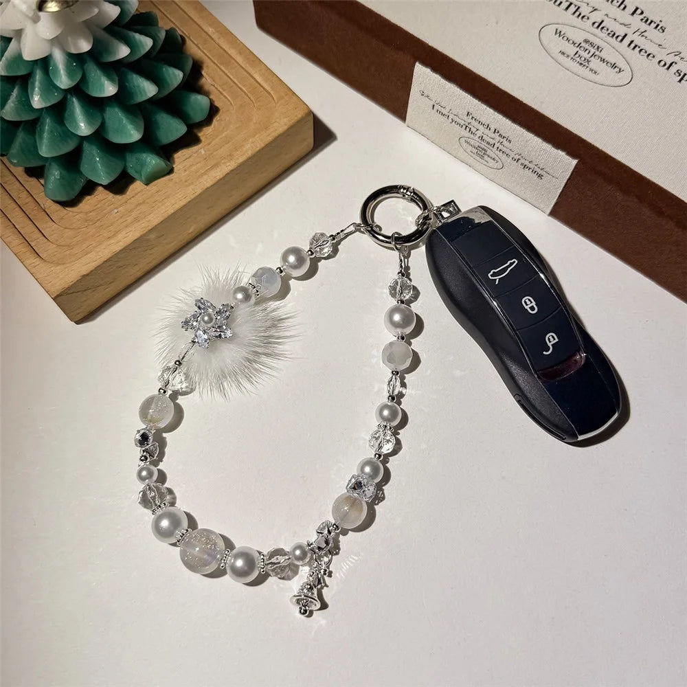 A1172 30cm Phone Strap Mink Fur Five Petal Flower Faux Pearl Crystal Keychain Charm Lanyard with Removable Blank White Card - White - 3