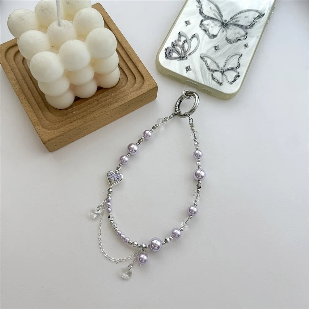 A1197 30cm Pearl & Crystal Charm Strap Heart Pendant Phone Lanyard with Removable Blank White Card for Keychain Mobile Accessories - White - 2