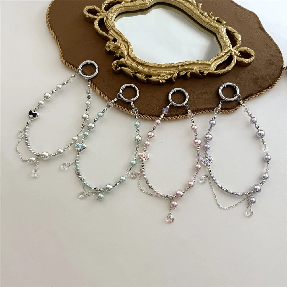A1197 30cm Pearl & Crystal Charm Strap Heart Pendant Phone Lanyard with Removable Blank White Card for Keychain Mobile Accessories - White - 7