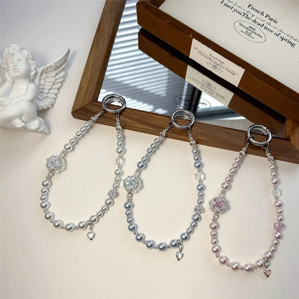 A1200 30cm Zircon Pearl Flower Phone Lanyard Strap Crystal Beads Phone Charm with Removable Blank White Card Decorative Chain Accessory - White - 6