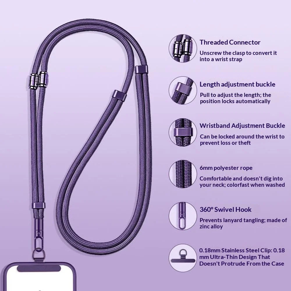 160cm 3-in-1 Multifunctional Phone Lanyard Crossbody Adjustable Neck Wrist Strap with Stainless Steel Patch Anti-loss - Dark Purple - 7
