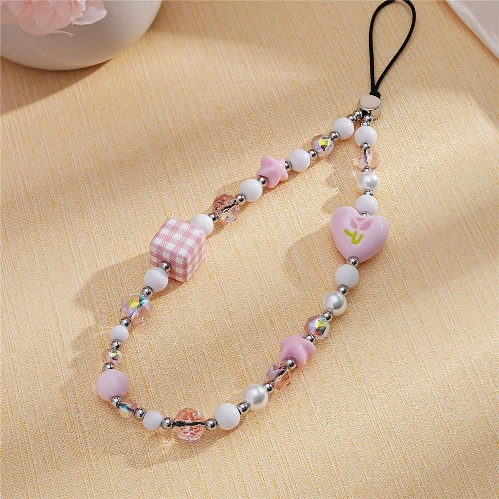 17cm Phone Charm Strap Pink Acrylic Pearl Phone Chain Anti-Loss Mobile Phone Lanyard Hanging Rope - 5