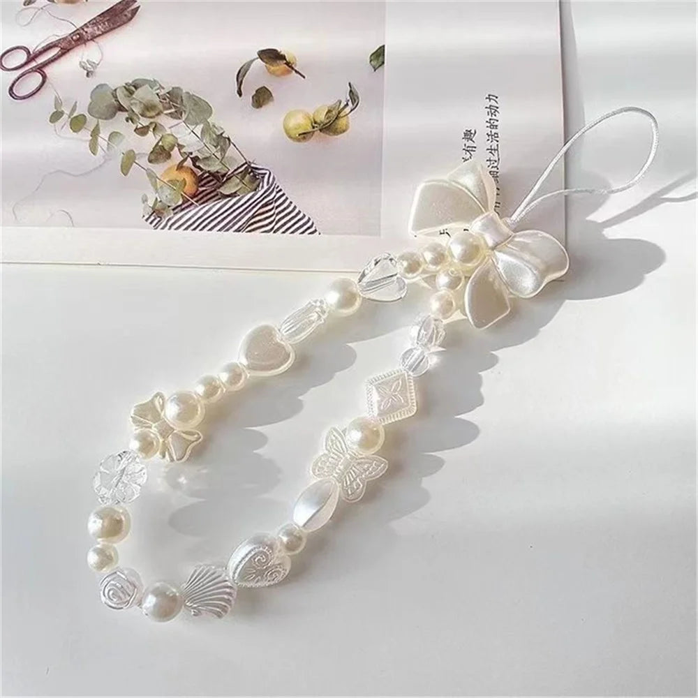 Beaded Phone Bracelet Strap Butterfly Heart Shells Phone Charms Lanyard Wristlet - 3