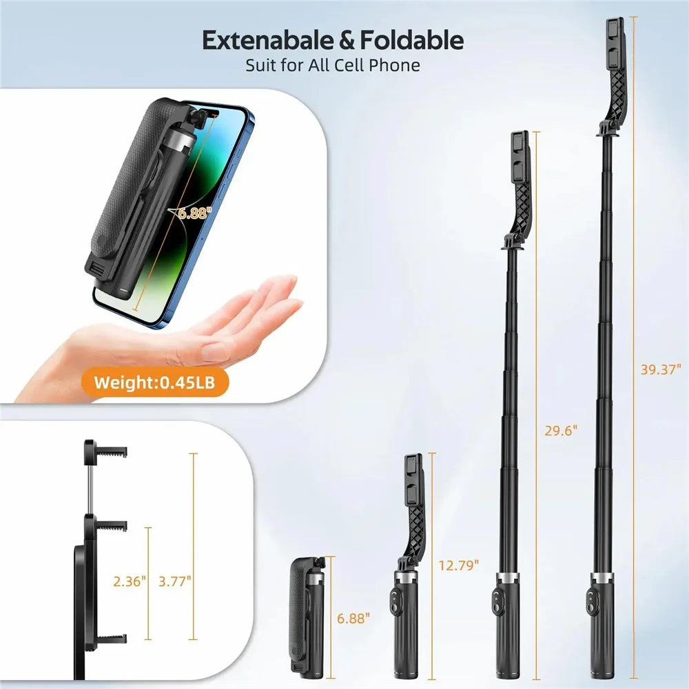 P07 2nd Gen V1 Phone Holder Selfie Stick 4-Leg Floor Stand with Bluetooth-compatible Remote Control + 1 Fill Light - Black - 6