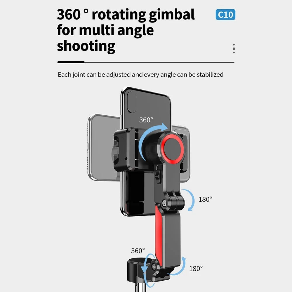C10 Handheld Phone Stabilizer Gimbal AI Face Tracking Vlog Live Streaming Selfie Stick with 1 Fill Light - Black+Red - 7