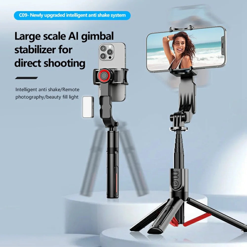C09 Gimbal Stabilizer Selfie Stick with Dual Fill Light for Smartphones Anti Shake Single Axis Stabilizer - Red / Black - 3